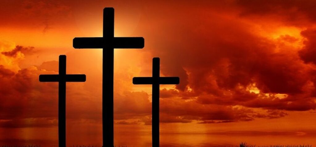 Drei Holzkreuze, Jesus starb am Holzkreuz, er wurde vom Kreuz abgenommen und ins Grab eines reichen Mannes gelegt.